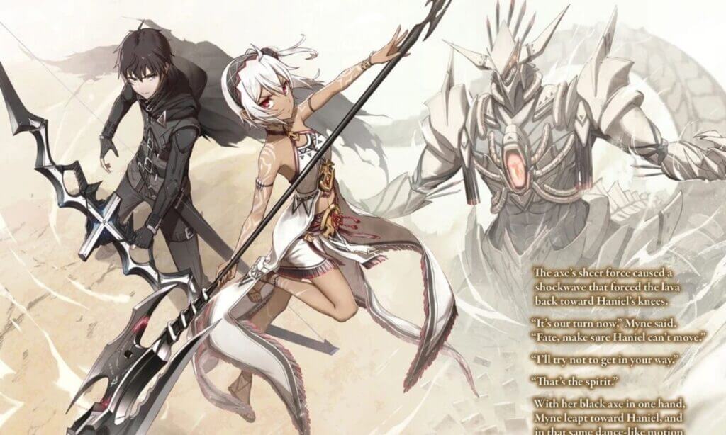 Myne & Fate Graphite with weapon berserk of gluttony Light Novel Volume 2
